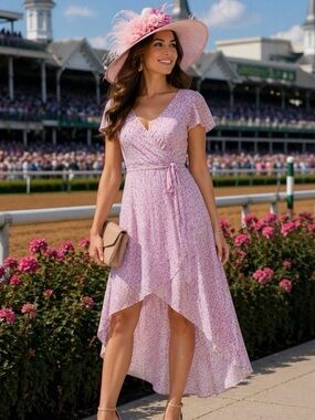DKNYC Pink Floral Wrap Midi Spring  Wedding Guest Dress Size 4